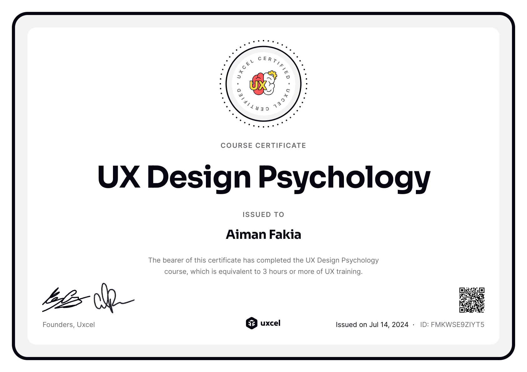 Aiman Fakia's certificate